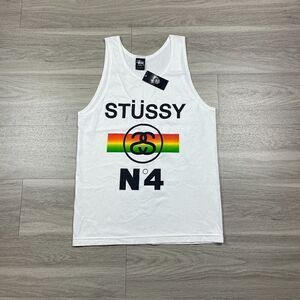 Stussy Tank Top Mens Small White Rasta Beach Surf Hype Striped